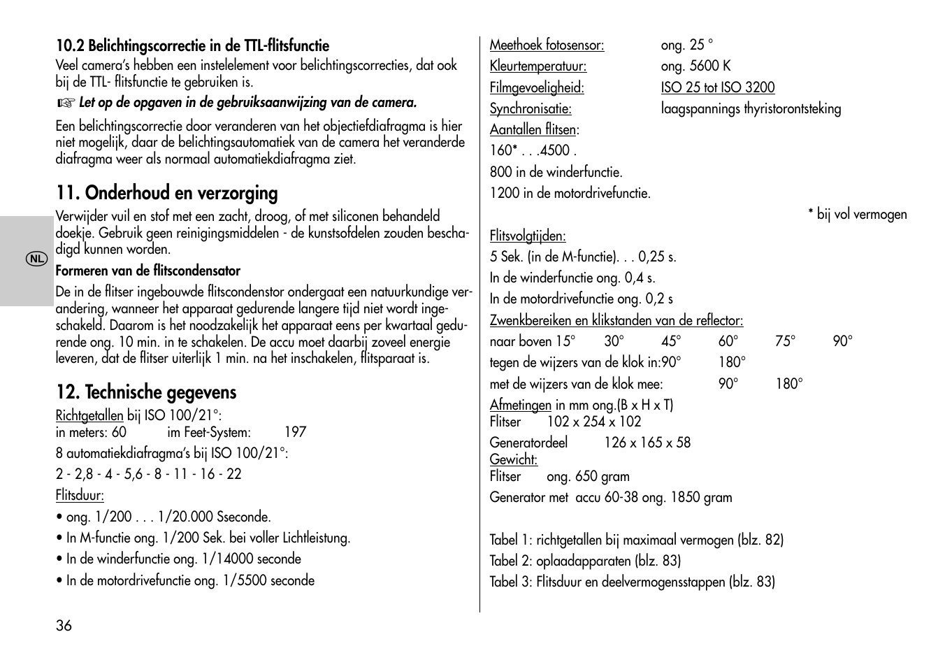 Onderhoud en verzorging, Technische gegevens | Metz MECABLITZ 60 CT-4 User Manual | Page 36 / 82