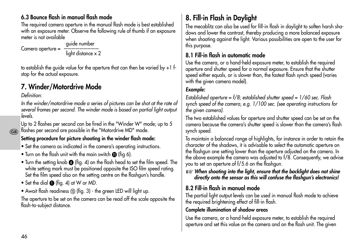 Winder/motordrive mode, Fill-in flash in daylight | Metz MECABLITZ 60 CT-4 User Manual | Page 46 / 82