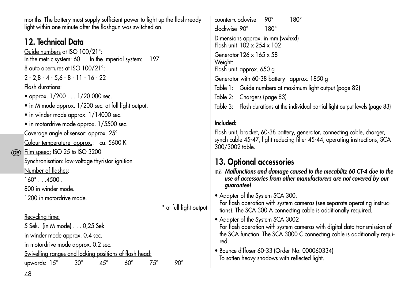 Technical data, Optional accessories | Metz MECABLITZ 60 CT-4 User Manual | Page 48 / 82