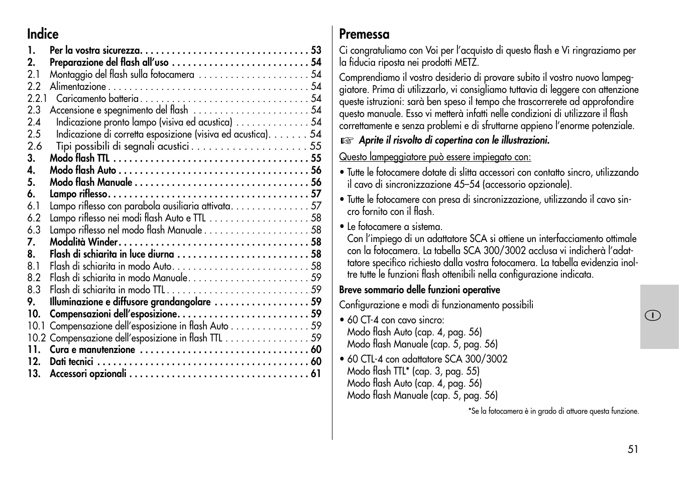 Indice, Premessa | Metz MECABLITZ 60 CT-4 User Manual | Page 51 / 82