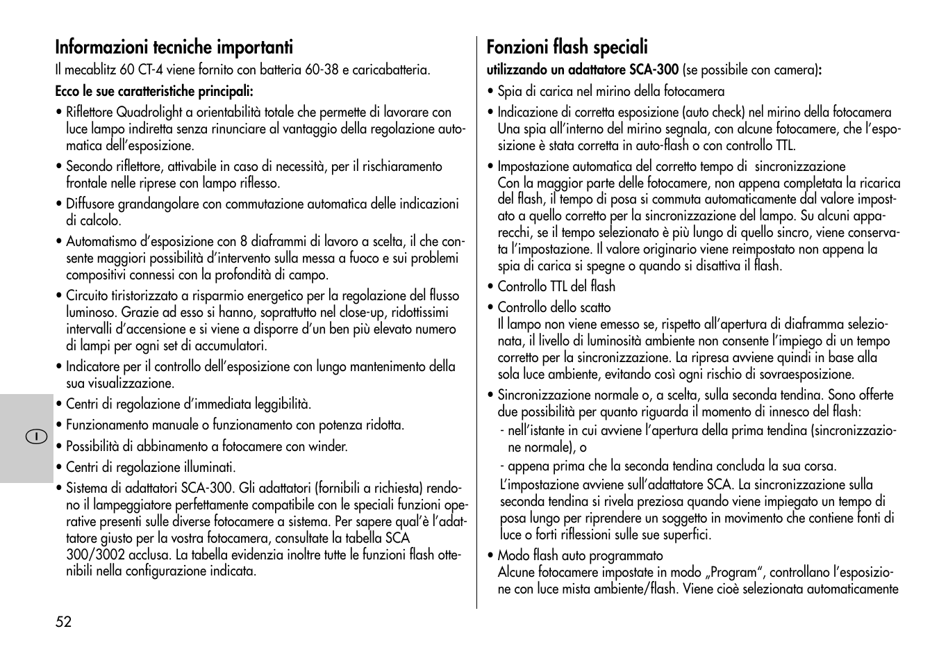 Informazioni tecniche importanti, Fonzioni flash speciali | Metz MECABLITZ 60 CT-4 User Manual | Page 52 / 82