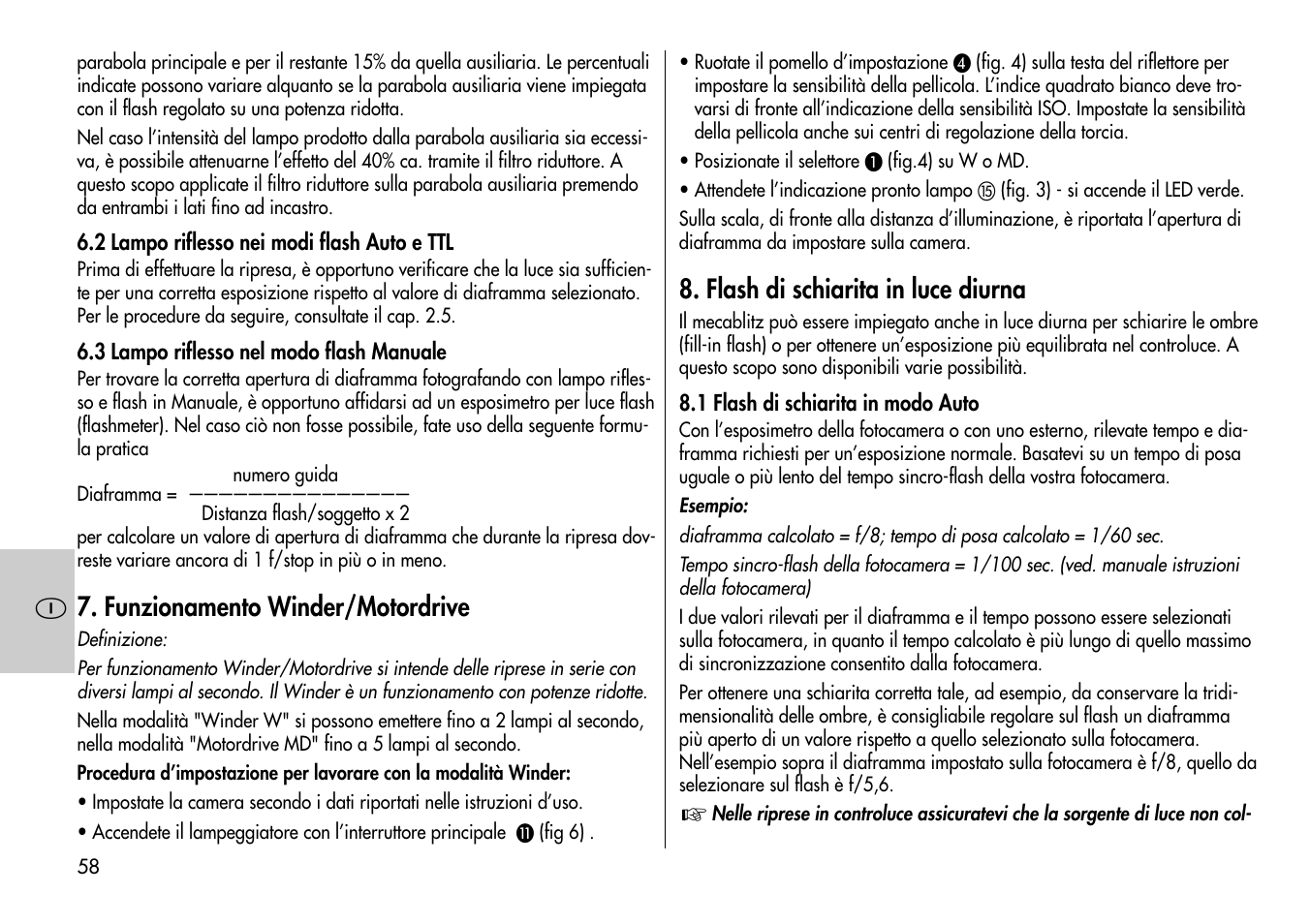 Funzionamento winder/motordrive, Flash di schiarita in luce diurna | Metz MECABLITZ 60 CT-4 User Manual | Page 58 / 82