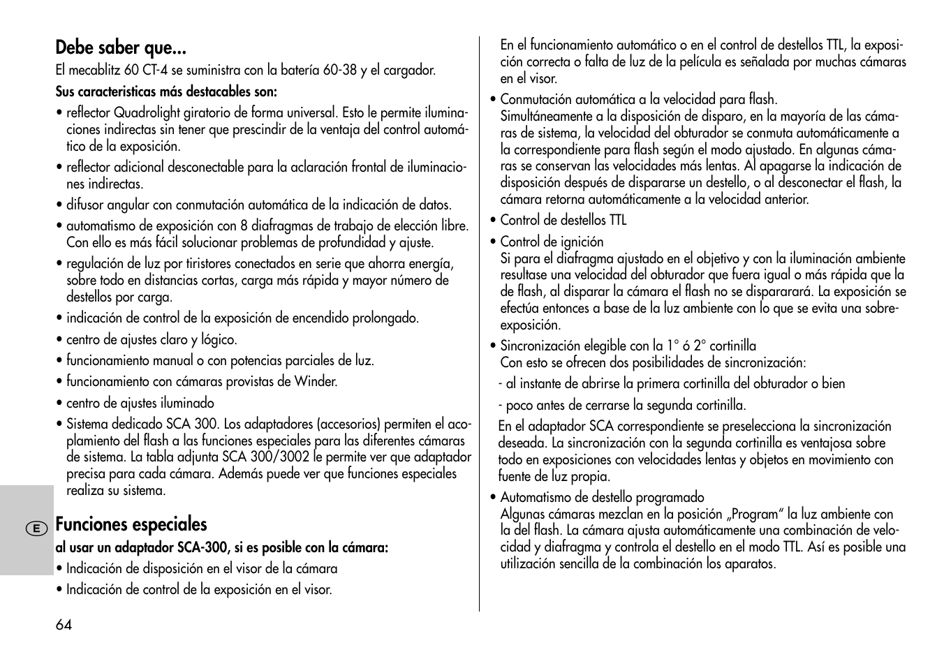 Debe saber que, Funciones especiales | Metz MECABLITZ 60 CT-4 User Manual | Page 64 / 82