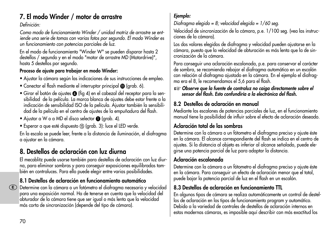 El modo winder / motor de arrastre, Destellos de aclaración con luz diurna | Metz MECABLITZ 60 CT-4 User Manual | Page 70 / 82
