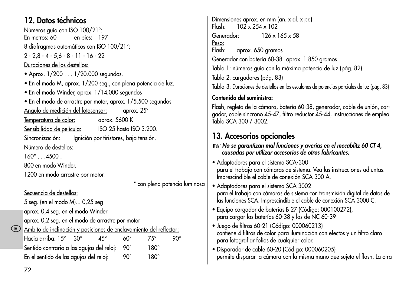 Datos téchnicos, Accesorios opcionales | Metz MECABLITZ 60 CT-4 User Manual | Page 72 / 82