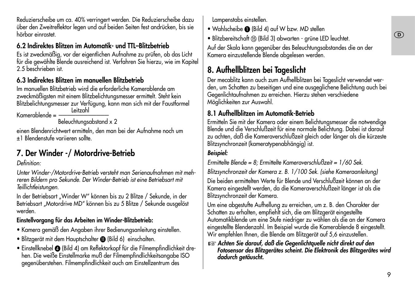 Der winder -/ motordrive-betrieb, Aufhellblitzen bei tageslicht | Metz MECABLITZ 60 CT-4 User Manual | Page 9 / 82