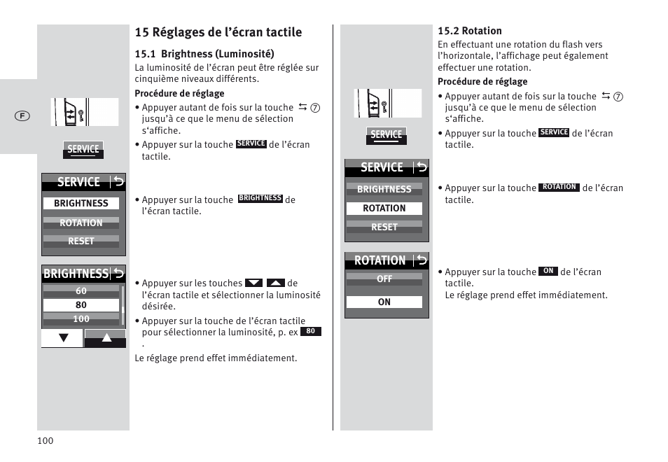 15 réglages de l’écran tactile, Service o, Brightness o | Rotation o | Metz MECABLITZ 64 AF-1 digital Canon User Manual | Page 100 / 326
