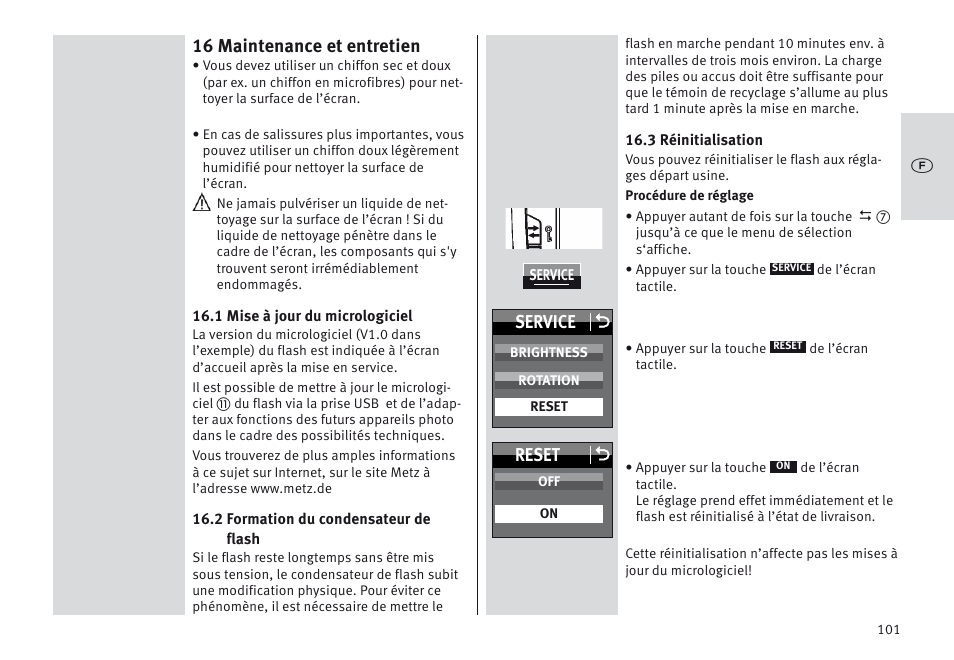 16 maintenance et entretien, Service o, Reset o | Metz MECABLITZ 64 AF-1 digital Canon User Manual | Page 101 / 326