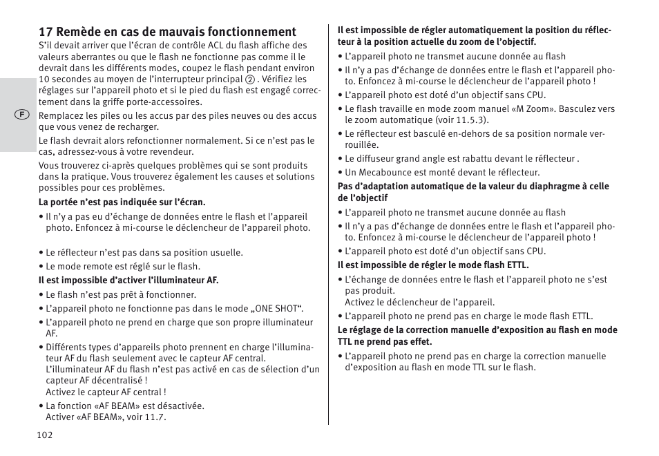 17 remède en cas de mauvais fonctionnement | Metz MECABLITZ 64 AF-1 digital Canon User Manual | Page 102 / 326