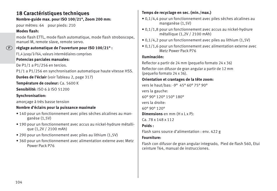 18 caractéristiques techniques | Metz MECABLITZ 64 AF-1 digital Canon User Manual | Page 104 / 326