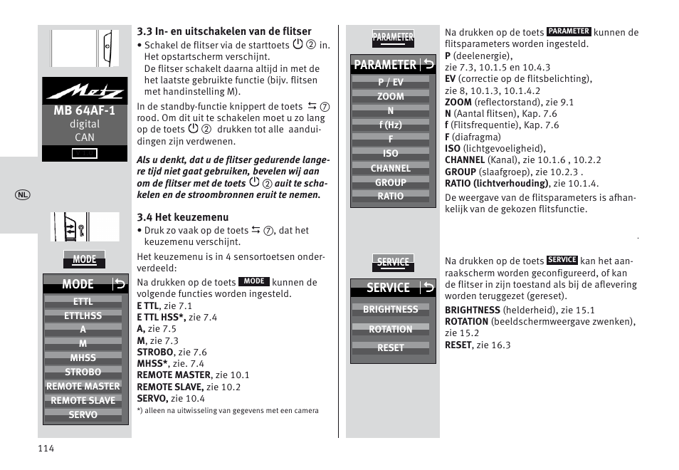 Mb 64af-1, Parameter o, Mode o | Service o | Metz MECABLITZ 64 AF-1 digital Canon User Manual | Page 114 / 326
