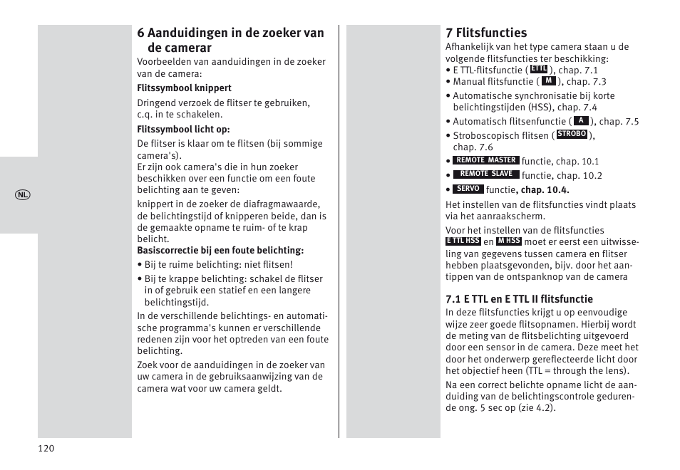6 aanduidingen in de zoeker van de camerar, 7 flitsfuncties | Metz MECABLITZ 64 AF-1 digital Canon User Manual | Page 120 / 326
