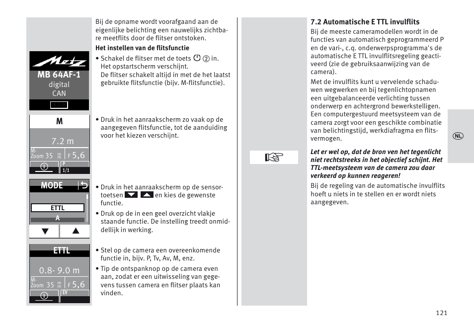 Mb 64af-1, Mode o, 9.0 m | Ettl | Metz MECABLITZ 64 AF-1 digital Canon User Manual | Page 121 / 326