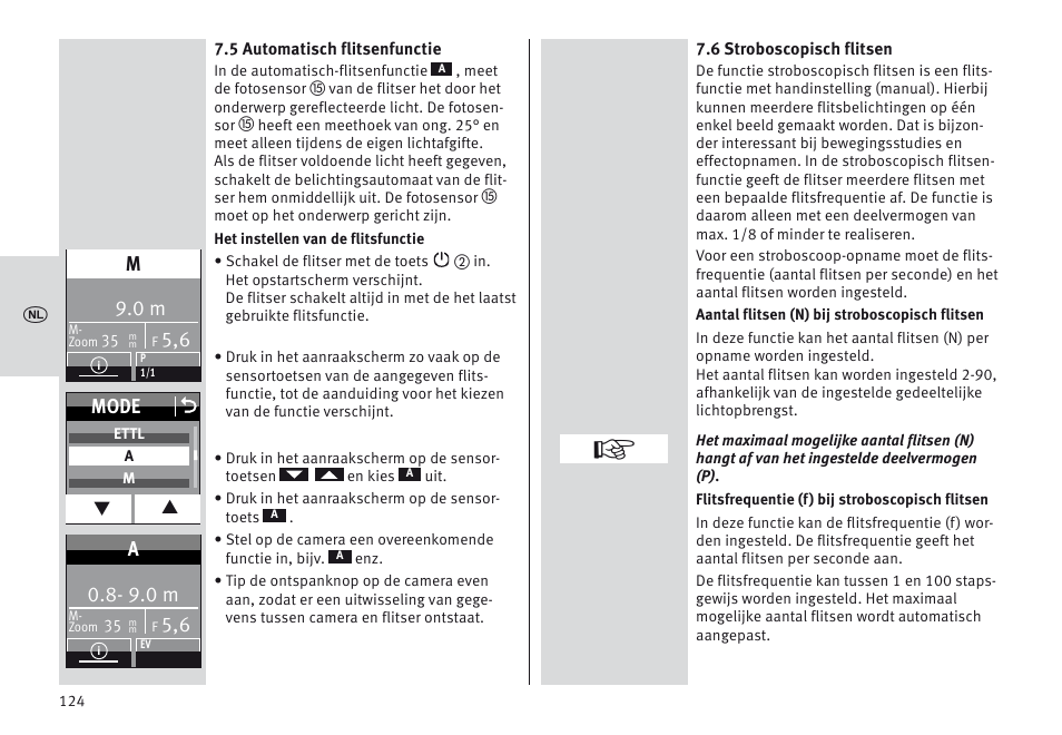Mode o, 9.0 m | Metz MECABLITZ 64 AF-1 digital Canon User Manual | Page 124 / 326