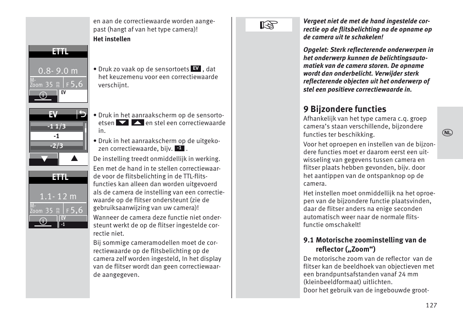 9 bijzondere functies, 9.0 m, Ettl | Ev o, 12 m | Metz MECABLITZ 64 AF-1 digital Canon User Manual | Page 127 / 326