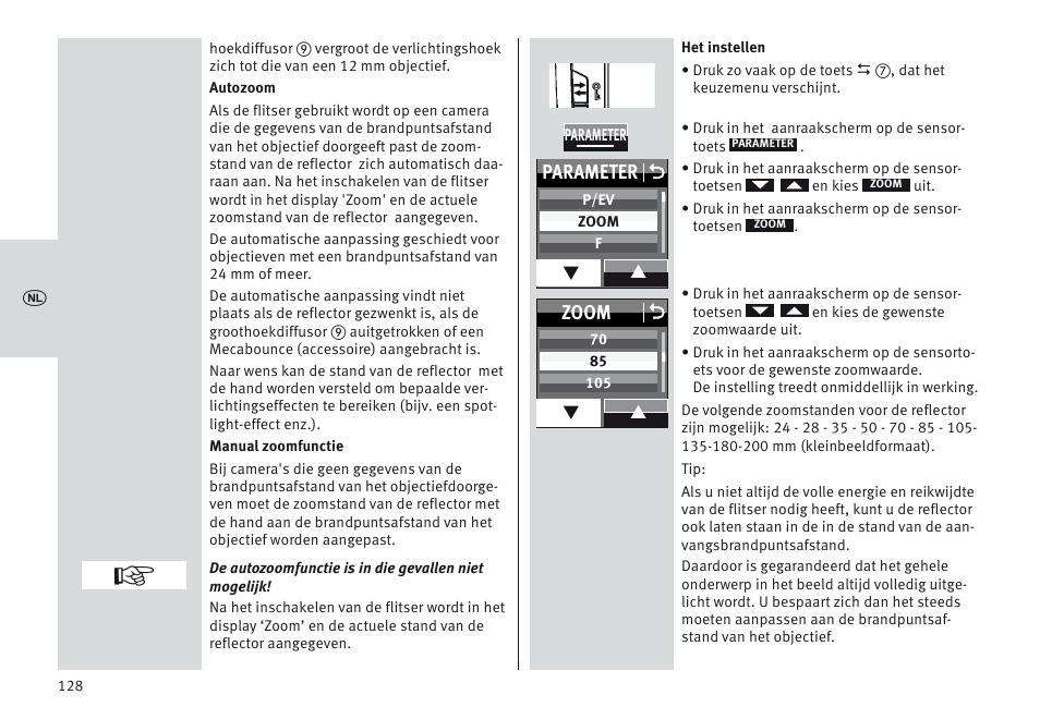 Parameter o, Zoom o | Metz MECABLITZ 64 AF-1 digital Canon User Manual | Page 128 / 326