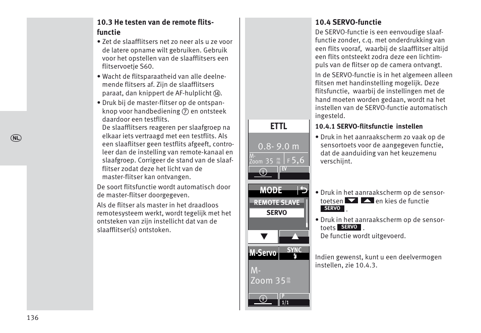 9.0 m, Ettl, Mode o | M- zoom 35 m-servo | Metz MECABLITZ 64 AF-1 digital Canon User Manual | Page 136 / 326