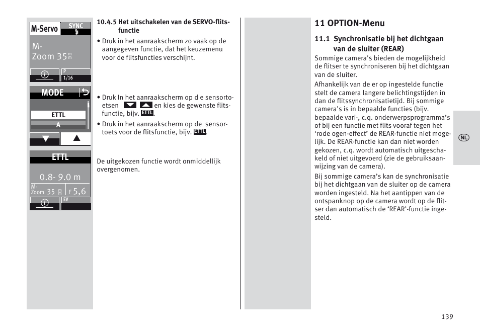 11 option-menu, M- zoom 35 m-servo, Mode o | 9.0 m, Ettl | Metz MECABLITZ 64 AF-1 digital Canon User Manual | Page 139 / 326