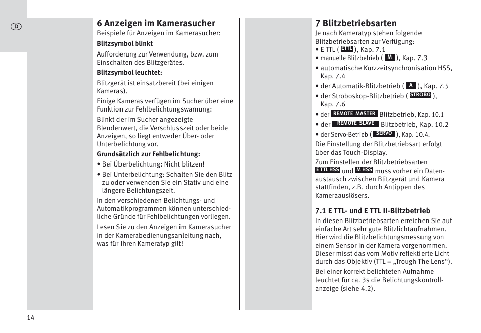 6 anzeigen im kamerasucher, 7 blitzbetriebsarten | Metz MECABLITZ 64 AF-1 digital Canon User Manual | Page 14 / 326