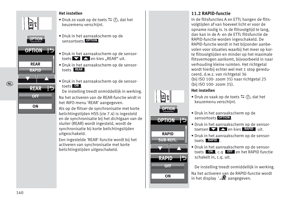 Option o, Rapid o, Rear o | Metz MECABLITZ 64 AF-1 digital Canon User Manual | Page 140 / 326