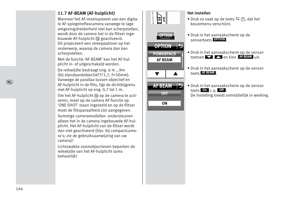 Option o, Af beam o | Metz MECABLITZ 64 AF-1 digital Canon User Manual | Page 144 / 326