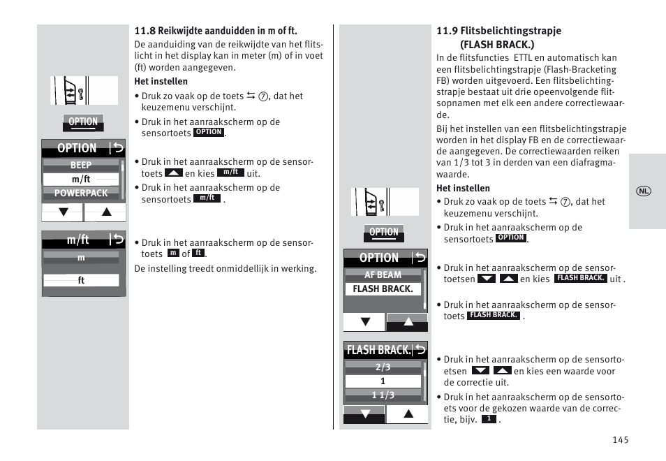 M/ft o, Option o, Flash brack. o | Metz MECABLITZ 64 AF-1 digital Canon User Manual | Page 145 / 326