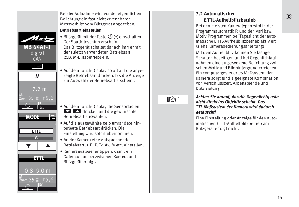 Mb 64af-1, Mode o, 9.0 m | Ettl | Metz MECABLITZ 64 AF-1 digital Canon User Manual | Page 15 / 326