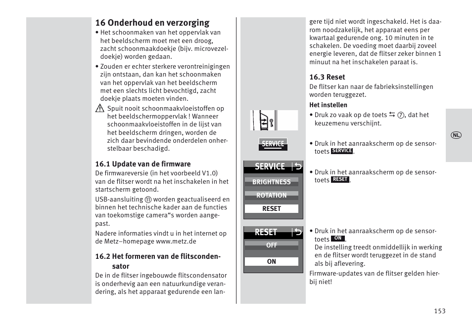 16 onderhoud en verzorging, Service o, Reset o | Metz MECABLITZ 64 AF-1 digital Canon User Manual | Page 153 / 326