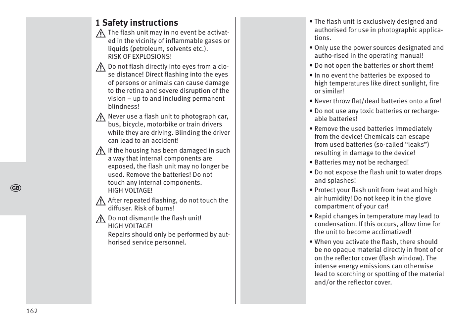1 safety instructions | Metz MECABLITZ 64 AF-1 digital Canon User Manual | Page 162 / 326