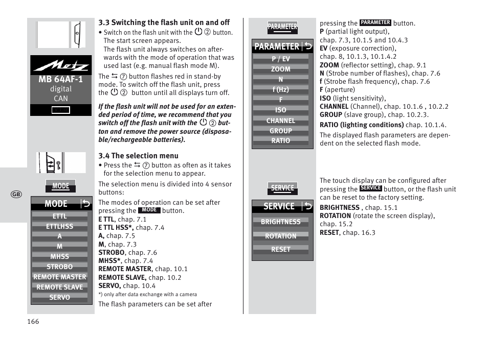 Mb 64af-1, Parameter o, Mode o | Service o | Metz MECABLITZ 64 AF-1 digital Canon User Manual | Page 166 / 326