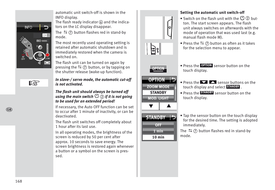 Option o, Standby o | Metz MECABLITZ 64 AF-1 digital Canon User Manual | Page 168 / 326