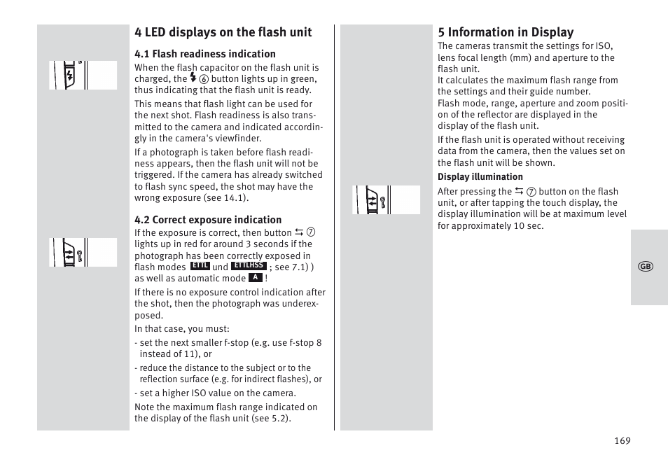 4 led displays on the flash unit, 5 information in display | Metz MECABLITZ 64 AF-1 digital Canon User Manual | Page 169 / 326