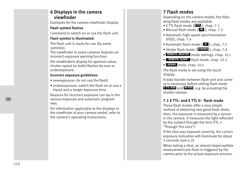6 displays in the camera viewfinder, 7 flash modes | Metz MECABLITZ 64 AF-1 digital Canon User Manual | Page 172 / 326