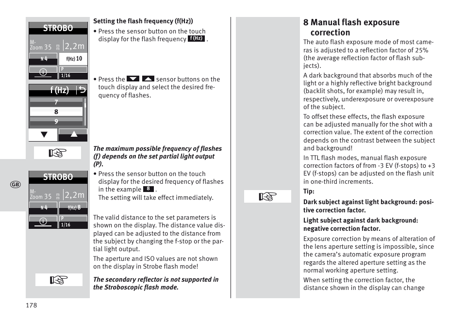 8 manual flash exposure correction, F (hz) o, 2,2m | Strobo | Metz MECABLITZ 64 AF-1 digital Canon User Manual | Page 178 / 326
