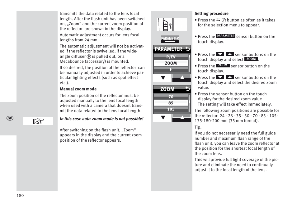 Parameter o, Zoom o | Metz MECABLITZ 64 AF-1 digital Canon User Manual | Page 180 / 326