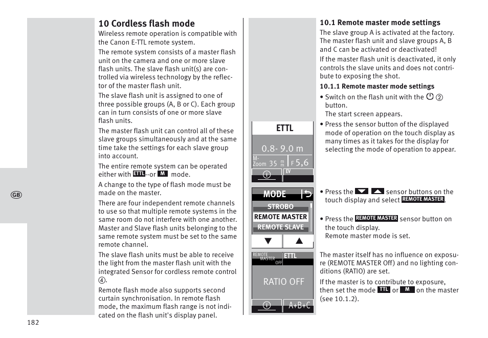 10 cordless flash mode, 9.0 m, Ettl | Mode o, Ratio off, A+b+c | Metz MECABLITZ 64 AF-1 digital Canon User Manual | Page 182 / 326