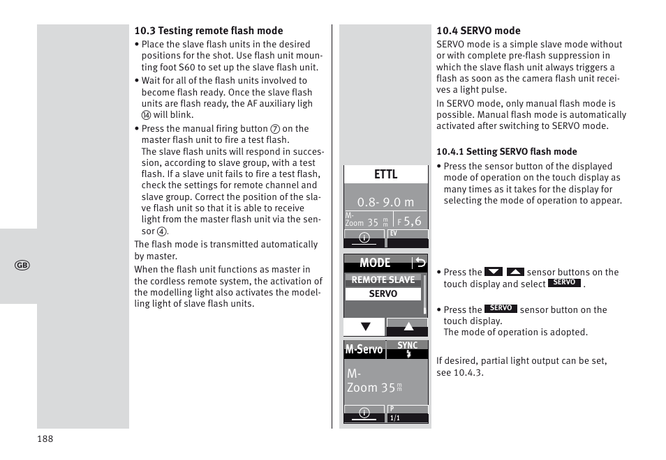 9.0 m, Ettl, Mode o | M- zoom 35 m-servo | Metz MECABLITZ 64 AF-1 digital Canon User Manual | Page 188 / 326