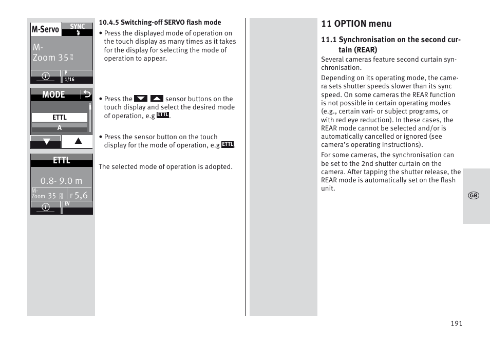 11 option menu, M- zoom 35 m-servo, Mode o | 9.0 m, Ettl | Metz MECABLITZ 64 AF-1 digital Canon User Manual | Page 191 / 326