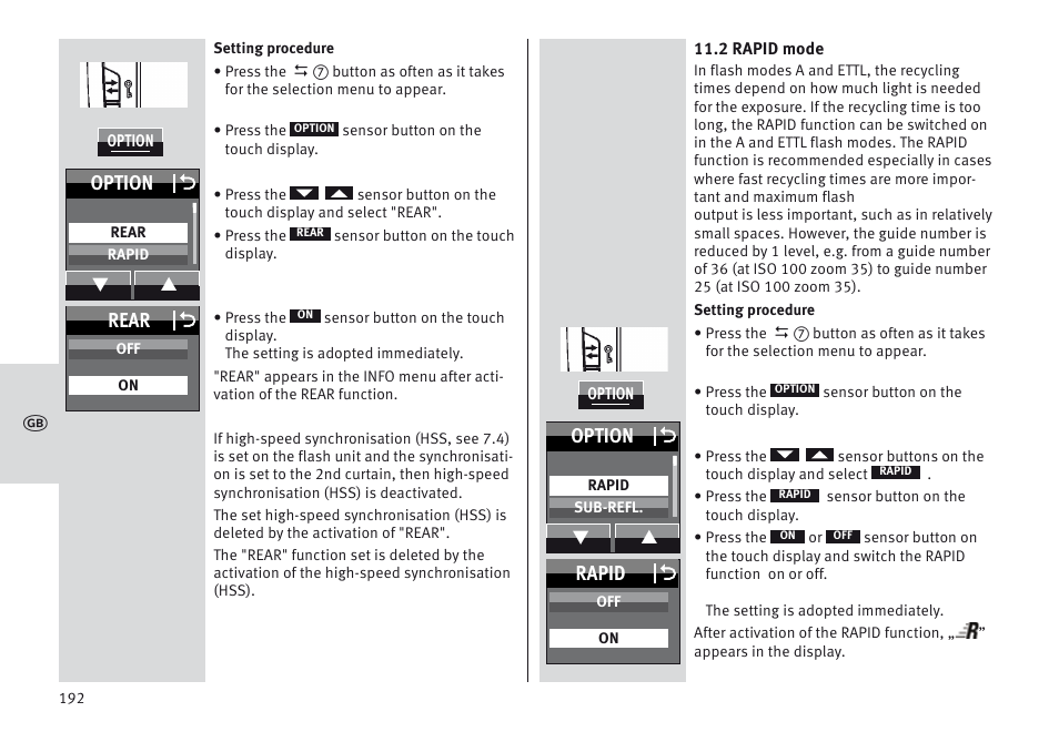 Option o, Rapid o, Rear o | Metz MECABLITZ 64 AF-1 digital Canon User Manual | Page 192 / 326