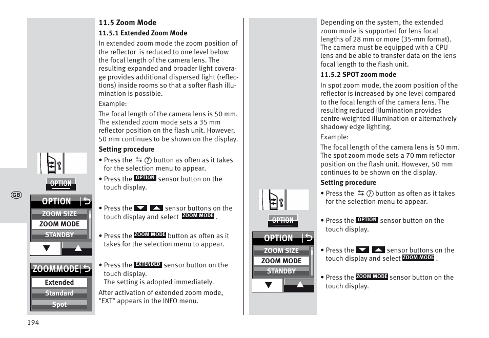 Zoommode o, Option o | Metz MECABLITZ 64 AF-1 digital Canon User Manual | Page 194 / 326