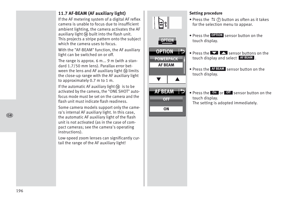 Option o, Af beam o | Metz MECABLITZ 64 AF-1 digital Canon User Manual | Page 196 / 326