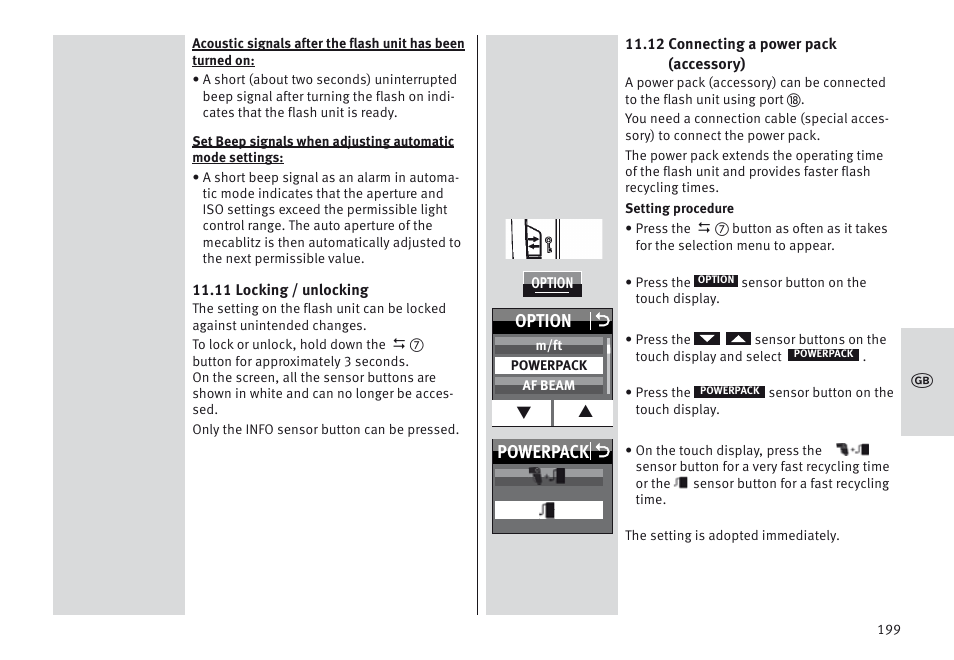 Powerpack o option o | Metz MECABLITZ 64 AF-1 digital Canon User Manual | Page 199 / 326