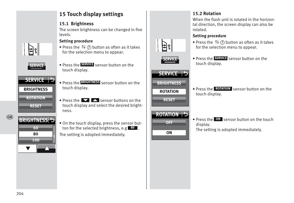 15 touch display settings, Service o, Brightness o | Rotation o | Metz MECABLITZ 64 AF-1 digital Canon User Manual | Page 204 / 326