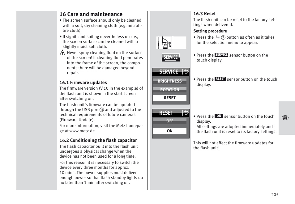 16 care and maintenance, Service o, Reset o | Metz MECABLITZ 64 AF-1 digital Canon User Manual | Page 205 / 326