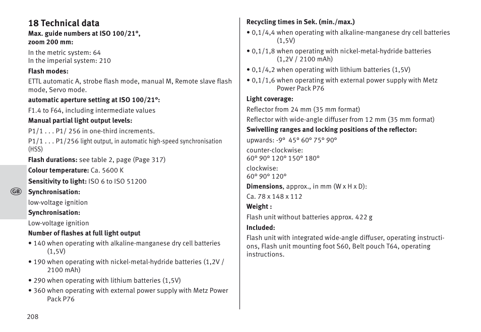 18 technical data | Metz MECABLITZ 64 AF-1 digital Canon User Manual | Page 208 / 326