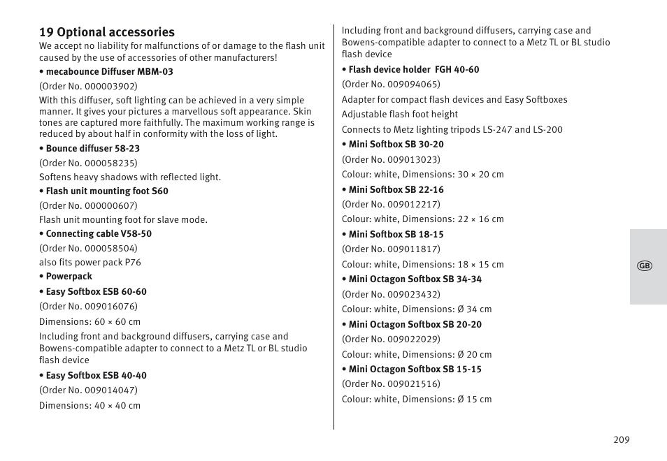 19 optional accessories | Metz MECABLITZ 64 AF-1 digital Canon User Manual | Page 209 / 326