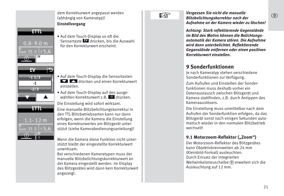 9 sonderfunktionen, 9.0 m, Ettl | Ev o, 12 m | Metz MECABLITZ 64 AF-1 digital Canon User Manual | Page 21 / 326