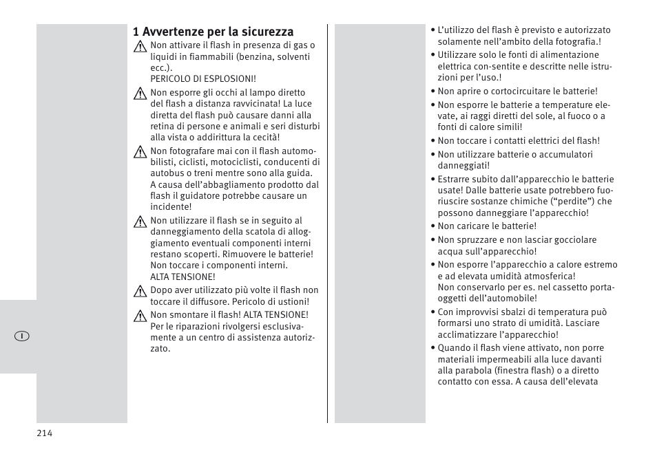 1 avvertenze per la sicurezza | Metz MECABLITZ 64 AF-1 digital Canon User Manual | Page 214 / 326