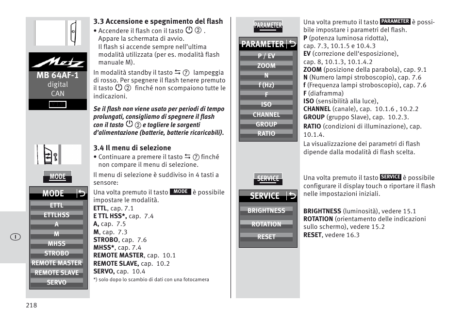 Mb 64af-1, Parameter o, Mode o | Service o | Metz MECABLITZ 64 AF-1 digital Canon User Manual | Page 218 / 326