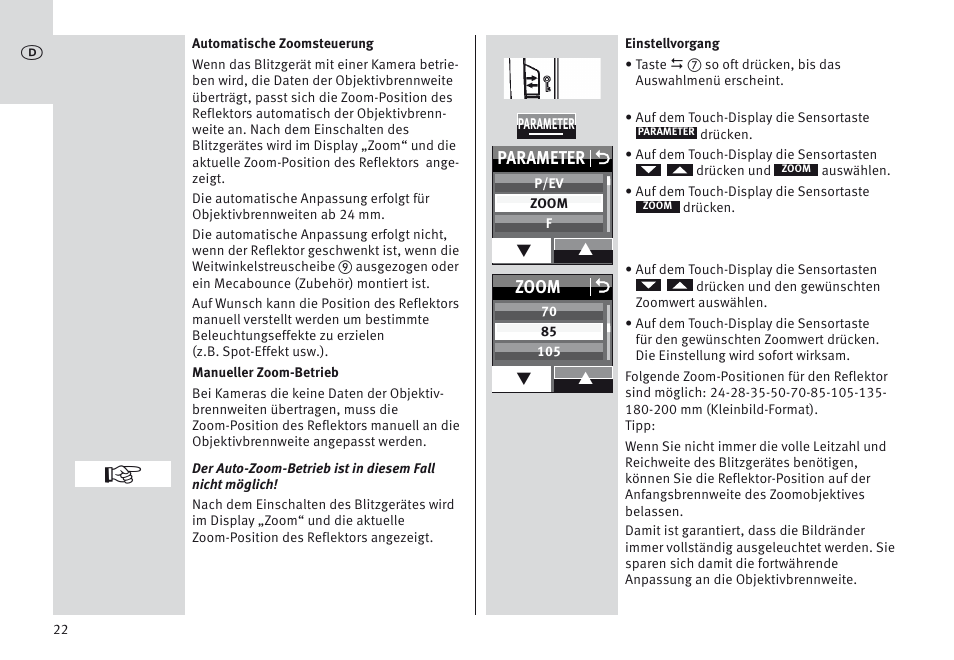 Parameter o, Zoom o | Metz MECABLITZ 64 AF-1 digital Canon User Manual | Page 22 / 326